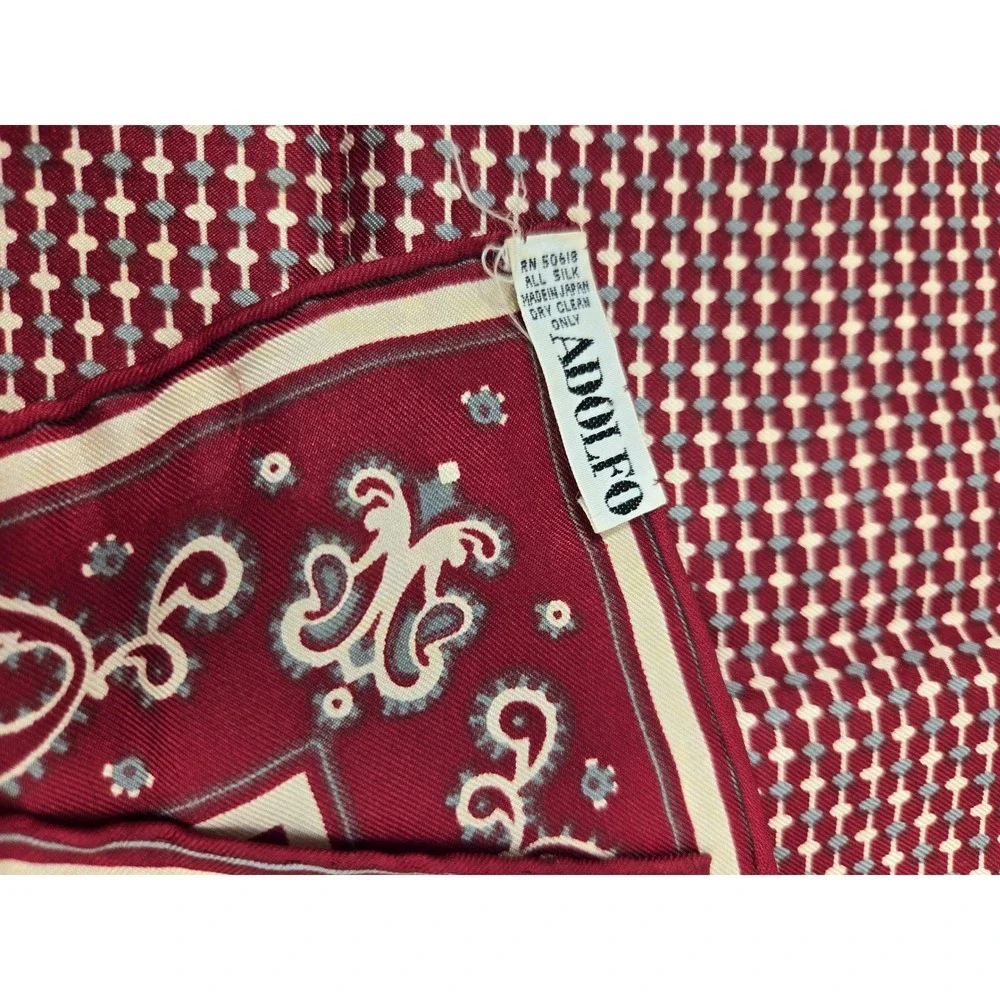 Adolfo Vintage Silk Scarf Burgundy Red Paisley Geometric Made in Japan Twill